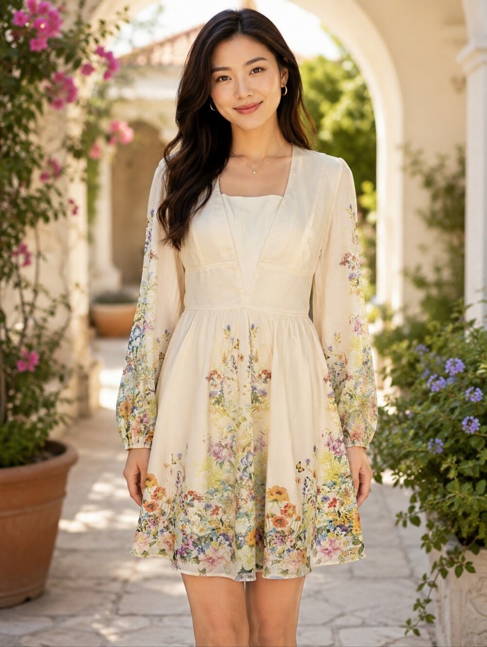 NWT COMMENSE Floral Cream Fit Flare Long Sleeves Mini Events Dress Size Medium